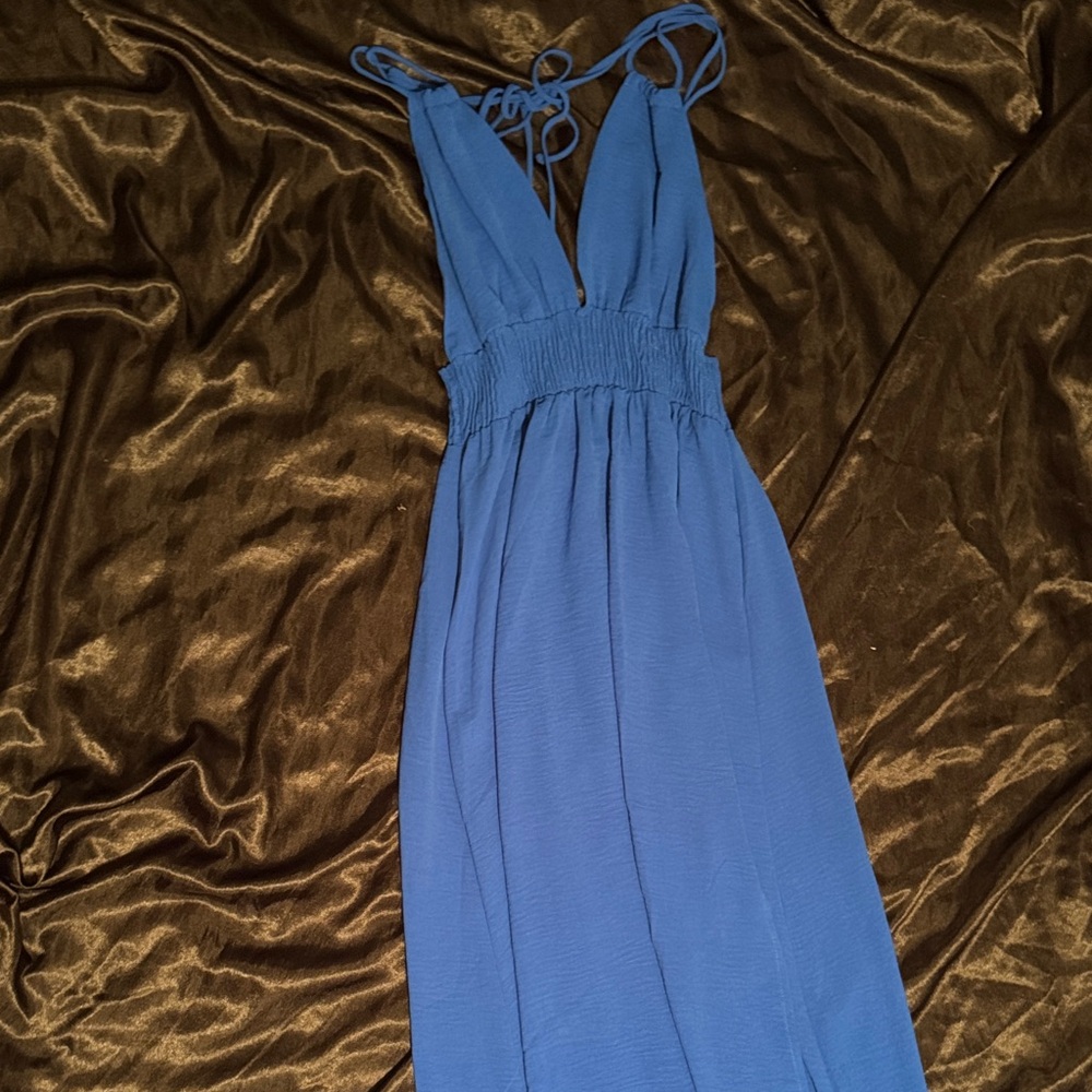Blue V-Neck Maxi Dress with Smocked Waist